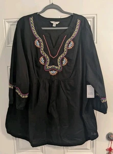 Neu mit Etikett Croft & Barrow Tunika schwarz bestickt 3/4-Ärmel Größe 3X - Bild 1 von 10