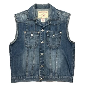True Religion Men’s Jimmy Denim Vest Y2K Biker Blue Flap Pockets Embroidered XXL - Picture 1 of 8