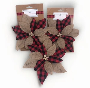 3 Clip On Burlap with Red and Black Checked Poinsettia Ornament 8.5" Wide - Picture 1 of 5