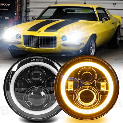 For Chevy Camaro 1967-1981 C10 1975-1980 Pair 7" Round LED Headlights Hi/Lo Beam - Image 1 of 4