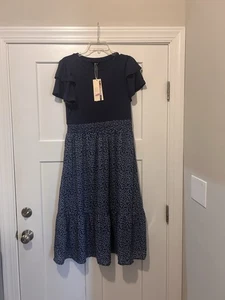 Women's Size Large Blue Maxi Dress Knit Top Woven Floral Bottom Cottage Modest - Picture 1 of 7