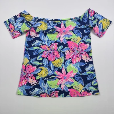 Camisa Lilly Pulitzer Mujer Pequeña Azul Marino Brillante Floral Hombro Descubierto Top Estampado Foto 1 de 4