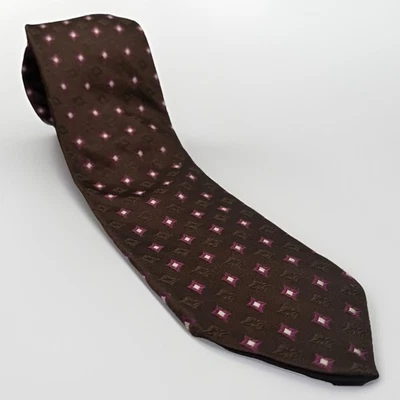 Hugo Boss Silk Tie Made in Italy Brown Pink Geometric Diamond Pattern 60in 3.5in - Image 1 of 4