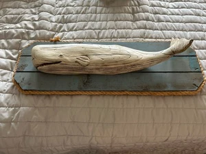Vintage Rustic Nautical Handcrafted Wooden Sperm Whale On Panel Signed By Artist - Picture 1 of 12