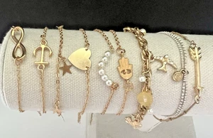 Lot of 8 Bracelets Gold Tone Dainty Chains With Bangles - Picture 1 of 13
