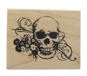 Inkadinkado Halloween Skull Skeleton with Flowers Wooden Rubber Stamp - Picture 1 of 2
