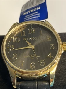 Miykon Gold Men's Watch Round Brown Dial on Black Leather Band WR 3 ATM New! - Picture 1 of 12