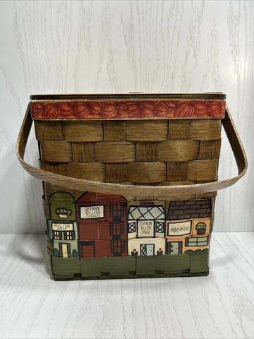 Vtg Wood Picnic Basket Purse German Village Columbus Ohio Handmade Signed  Coins Cover