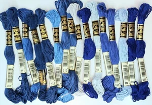 Lot 16 Skeins DMC Embroidery Floss BLUES Royal Delft Baby Pearl Gray Needlepoint - Picture 1 of 3