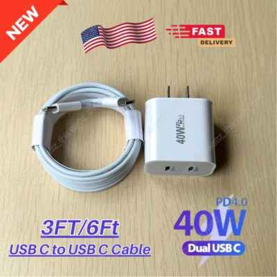 40W Dual Type C PD Fast Wall Charger Adapter Cable For iPhone 15 Pro Max Samsung - Image 1 of 4