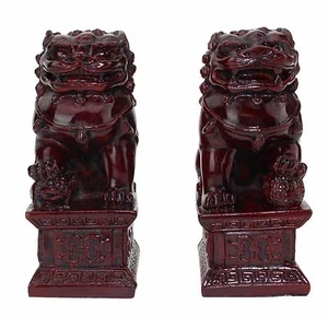 Feng Shui 4" Red Fu Foo Dogs Pair Guardian Lions Wealth Resin Statue US Seller - Picture 1 of 5
