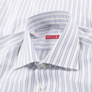 Camicia elegante Kiton nuova senza etichette taglia 15,5 39 blu con righe bianche 100% cotone - Foto 1 di 9