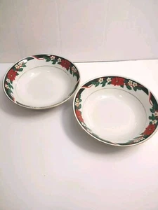 2 Tienshan DECK THE HALLS  Large Serving Bowls 9" Poinsetta Christmas Gold Rim - Picture 1 of 9