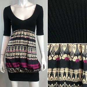 $129 Bebe Medium Black Knit Floral Print Silk 3/4 Sleeve Sheath Bubble Dress - Picture 1 of 10