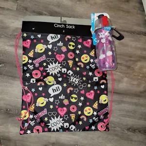 Black Drawstring Cinch Sack/Backpack Emoji Print & Water Bottle NWT! - Picture 1 of 11