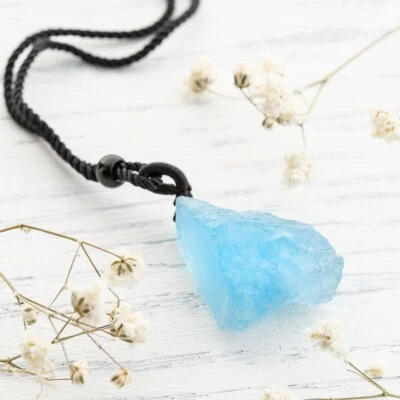 Natural Raw Aquamarine Stone Pendant Aqua Blue Gemstone Necklace Amulet Handmade - Image 1 of 4