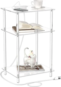 Acrylic Side Table with Charging Station - Clear Nightstand End Table with USB P - Picture 1 of 7
