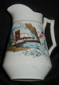OLD AESTHETIC MOVEMENT PORCELAIN PITCHER, CASTLE IN LEAF DECOR, HAND COLORED - Picture 1 of 4