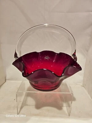 BLENKO 2016 RUBY RED GLASS BASKET SIGNED VERY RARE  - Image 1 of 4