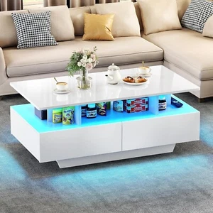 Coffee Table with LED Square High Gloss White Storage Tea Table for Living Room - Picture 1 of 9