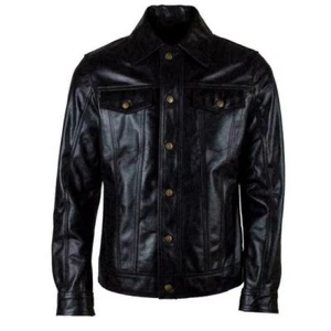MEN CASUAL WESTERN SHIRT STYLE DENIM FITTED LEATHER JEAN JACKET BLACK COAT - Bild 1 von 4