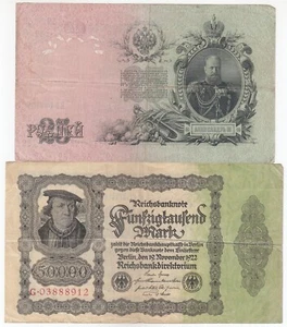 Germany, Russia, 50000 Mark, 25 Rubles, Set of 2, Different Banknotes, XF - Picture 1 of 2