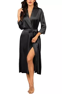 Womens Silk Lingerie Long Satin Bridesmaids Bride Bath Robe Lightweight A-Bla... - Picture 1 of 6