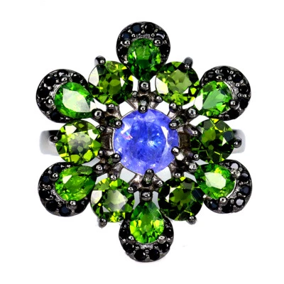 925 Anello Argento Sterling Rotondo Tanzanite Nero Spinello Gemma Misura 8 - Immagine 1 di 4