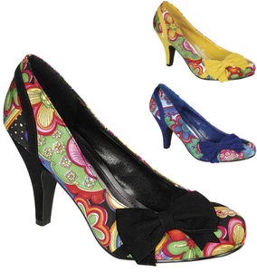 Nuevos zapatos de tacón alto bajos para mujer lazo amarillo blanco azul estampado 5,5 6 6,5 7 7,5 8 8,5 9 - Imagen 1 de 4