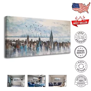 Stunning 48"x24" New York City Wall Art - Waterproof Grey Skyline Painting - Picture 1 of 8