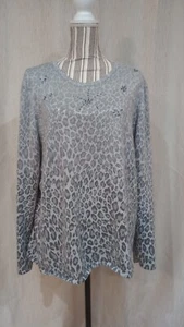 ALFRED DUNNER Silver Metallic Ombre Leopard Print Sweater 3/4 Sleeve Beaded 1X - Picture 1 of 15