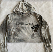 Bebe Sport Womens Gray/White Cropped Hoodie Athletic Sz Small NWT $89.00