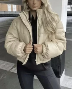 Zara Faux Leather Crop Puffer Jacket Padded Beige Bloggers Fave M Excellent Cond - Picture 1 of 5