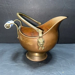 SECCHIO SCUTTLE CENERE CARBONE RAME VINTAGE OTTONE TESTA LEONE MANIGLIA BLU DELFT 9"" - Foto 1 di 5