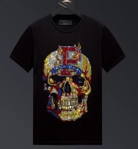 Hombres Lujo Estrás Moda Gótica Calavera Negra Blanca Camiseta Alta Calidad - Imagen 1 de 16