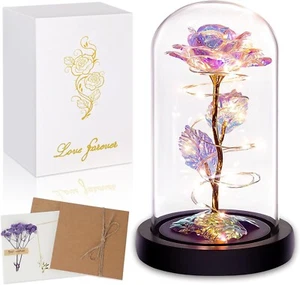 Rainbow Rose in Glass Dome - LED Light Up Flower Gift for Mom - Mothers Day - Picture 1 of 8