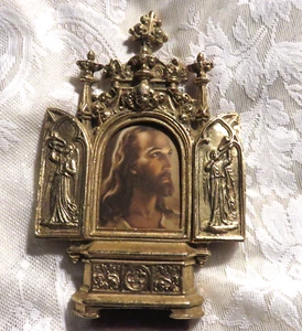 Jesus Print Old Frame Easel Back Angels Gold Tone Metal - Picture 1 of 8