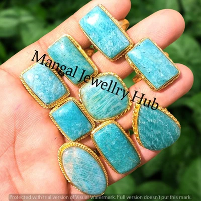 Lote de joyas hechas a mano de anillos de piedras preciosas de amazonita natural chapados en oro de ley 925 Foto 1 de 4