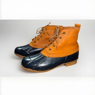 De Colección Eddie Bauer Mujeres 6 Botas de Pato Cuero Tostado Azul Marino Con Cordones Invierno Zapatos de Lluvia Foto 1 de 4