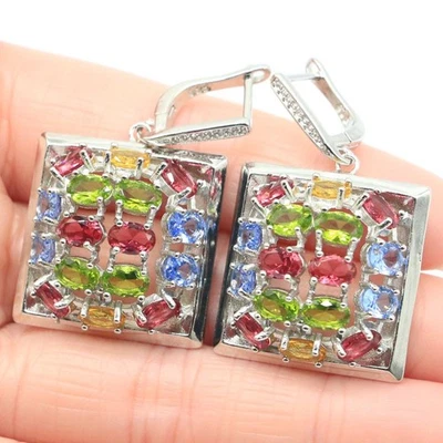 Pendientes de plata multicolor citrino rodolita granate peridoto circonita cúbica para mujer Foto 1 de 3