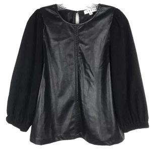 THML Anthropologie Faux Leather Top Long Sleeves Knit Puff Black Whimsigoth Sm - Picture 1 of 8