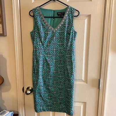Vestido vaquero Jones New York para mujer sin mangas talla 6 verde azulado/verde estampado geométrico Foto 1 de 4