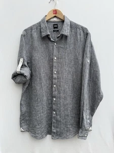 Hugo Boss Lukas 2 Chambray Shirt Grey 100% Linen Regular Fit Holiday Men’s XL - Picture 1 of 17