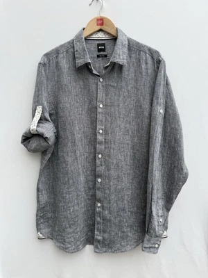 Hugo Boss Lukas 2 Chambray Shirt Grey 100% Linen Regular Fit Holiday Men’s XL - Image 1 of 4