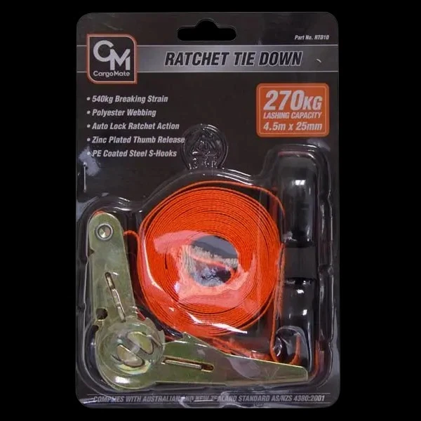 CARGO MATE TIE DOWN RATCHET STRAP 25MM .5M 540KG CAR BIKE BOAT TRUCK #RTD10