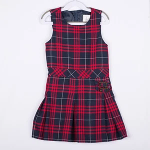 Lands End Dress Girls 6 Navy Red Plaid School Uniform Jumper Pleated Buckle Kids - Picture 1 of 7
