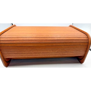 Vintage Kalmar Designs Teak Wood Tambour Sliding Roll Top Recipe Box - Picture 1 of 10