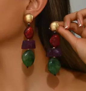 Long Layered Earrings Gold Stud Big Resin Bead Acrylic Multi Color Drop Dangle - Picture 1 of 9