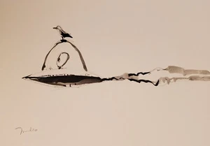 JOSE TRUJILLO Ink Wash Painting Collectible ORIGINAL Alien UFO Bird Flying - Picture 1 of 8