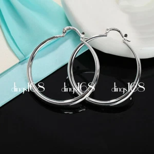 Women's Classic 925 Sterling Silver 1.5inch Medium Size Smooth Hoop Earrings H4R - Picture 1 of 3